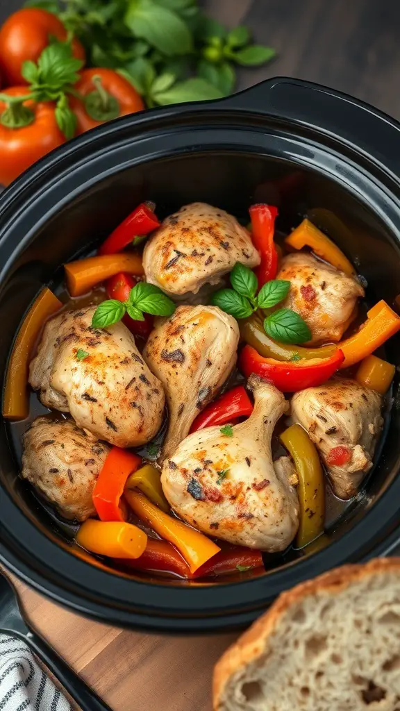 Slow cooker Italian chicken and peppers with colorful bell peppers and herbs