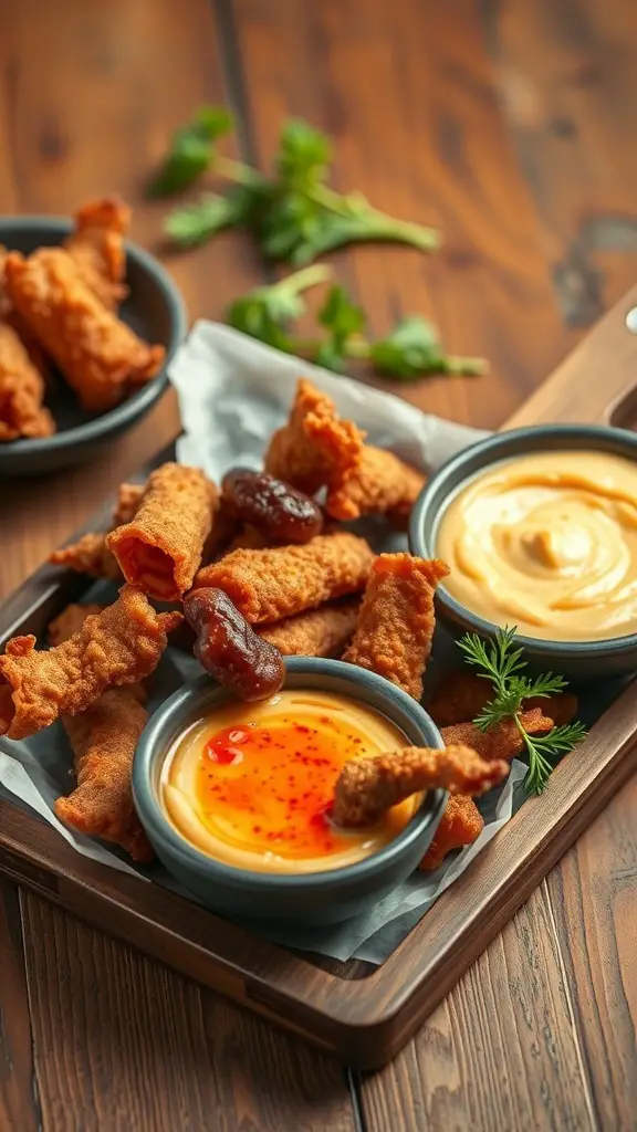 A wooden platter with crispy duck cracklings and two bowls of spicy aioli, garnished with herbs.