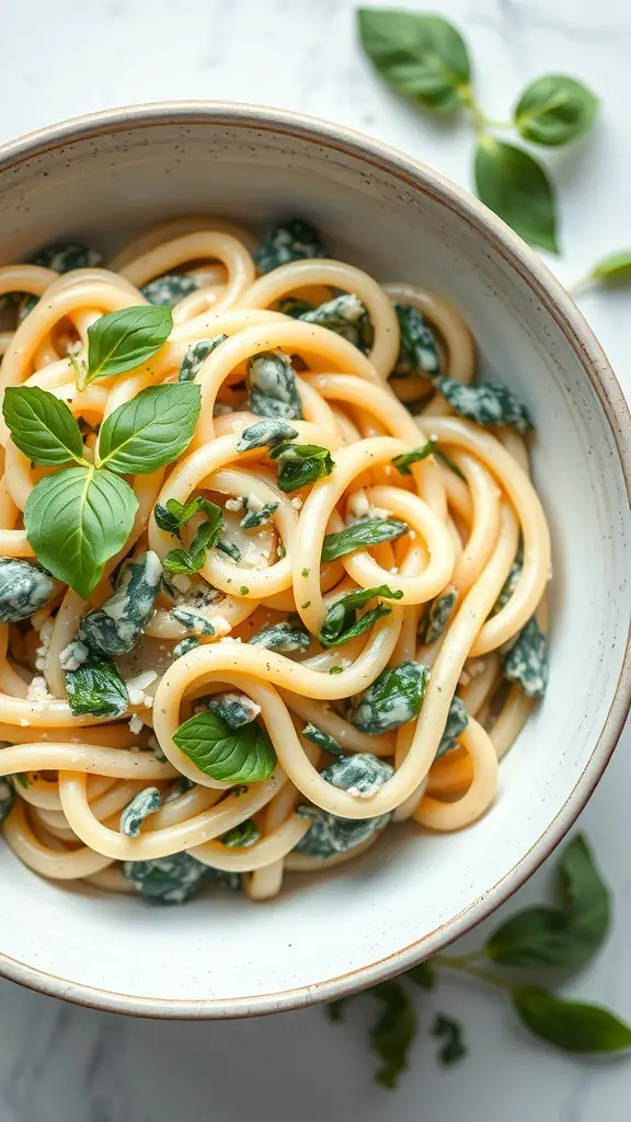 A bowl of artichoke and spinach pasta garnished with fresh basil.