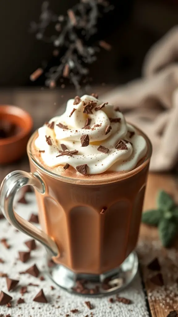 A delicious cup of classic rich hot chocolate topped with whipped cream and chocolate shavings.