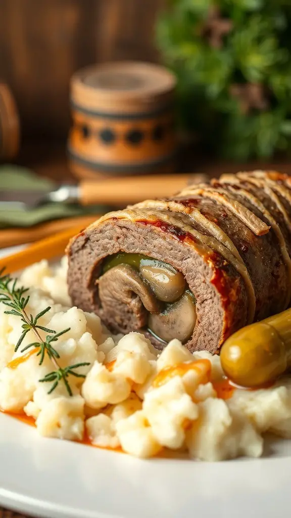 A plate of zrazy, beef rolls, served with mashed potatoes and garnished with herbs.