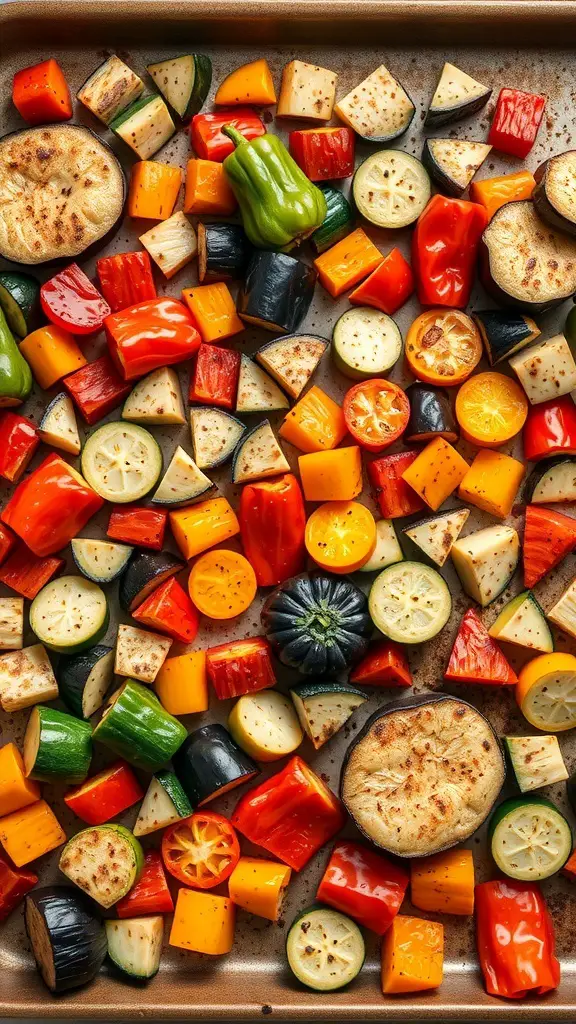 A colorful assortment of roasted Mediterranean vegetables including bell peppers, zucchini, eggplant, and cherry tomatoes on a baking sheet.