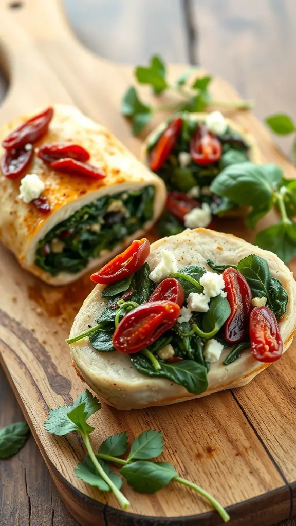 Mediterranean stuffed chicken breasts with spinach, sun-dried tomatoes, and feta cheese on a wooden cutting board.