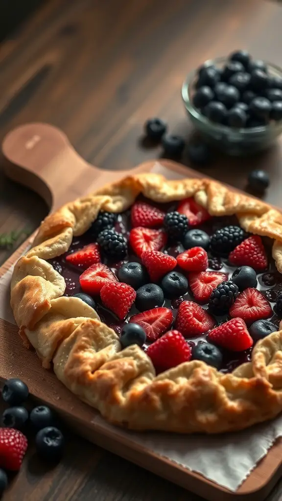 A delicious berry galette with strawberries, blueberries, and blackberries on a wooden board.