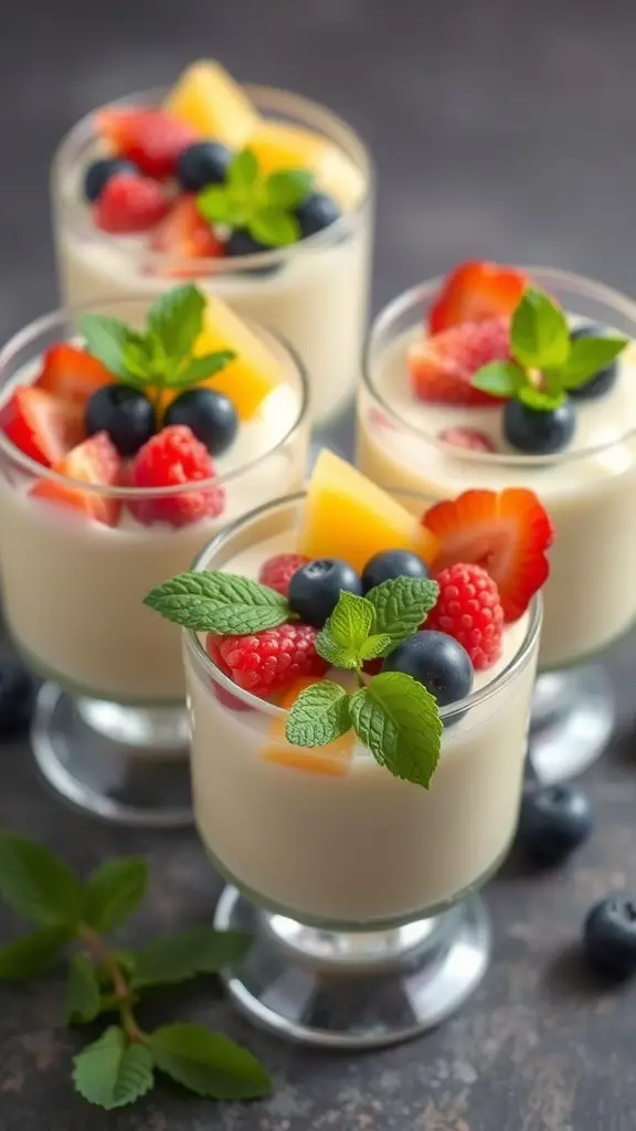 Four cups of vanilla pudding topped with fresh fruits and mint leaves