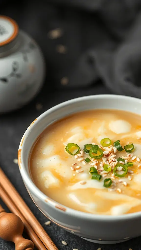 A bowl of Egg Drop Soup garnished with scallions and sesame seeds, with chopsticks beside it.