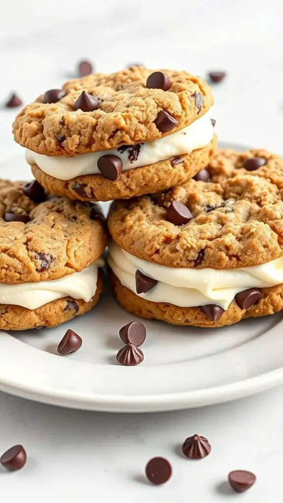 Oatmeal chocolate chip cookie sandwiches stacked on a plate with chocolate chips scattered around.