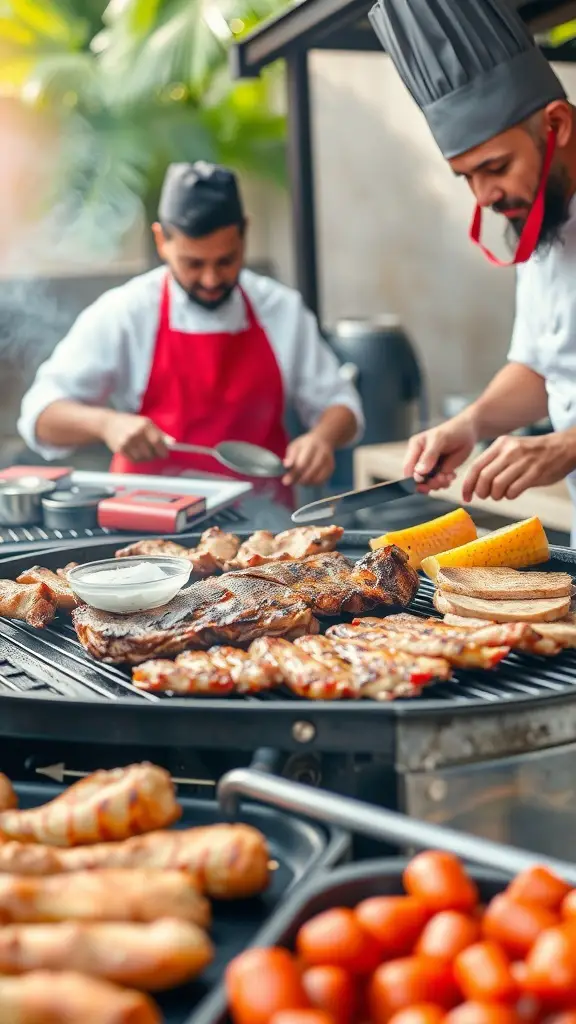 Chefs grilling various meats outdoors