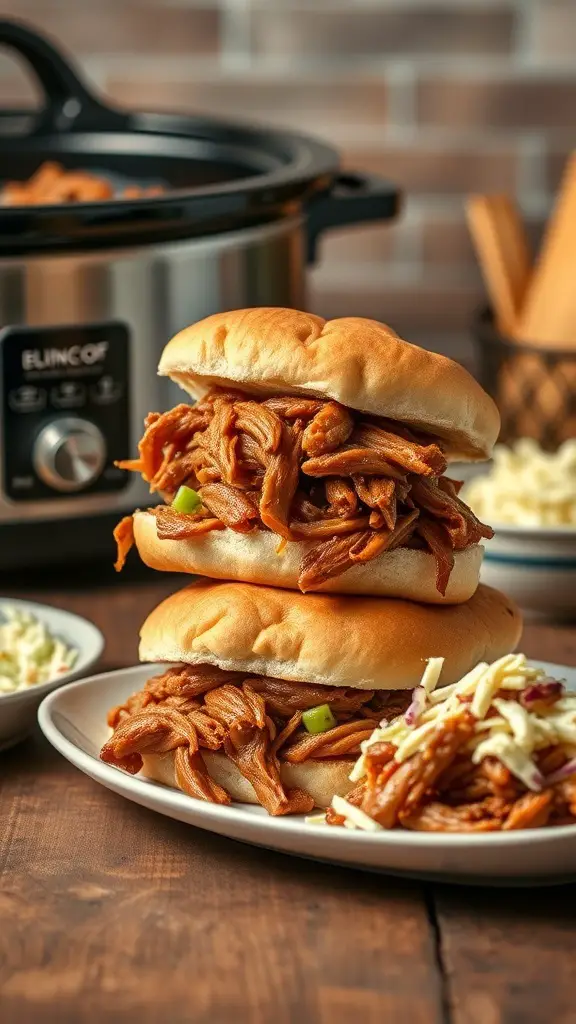 A plate of pulled pork sandwiches with coleslaw on a wooden table, with a crockpot in the background.
