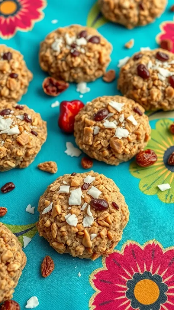 A vibrant display of vegan oatmeal cookies on a colorful floral background.