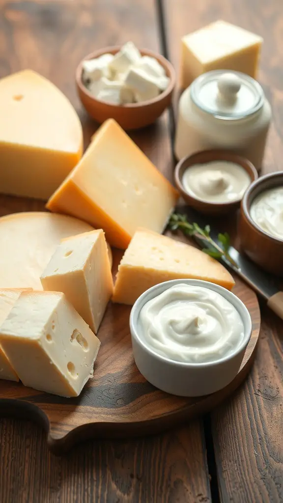 A variety of dairy products including cheeses and cream on a wooden board.