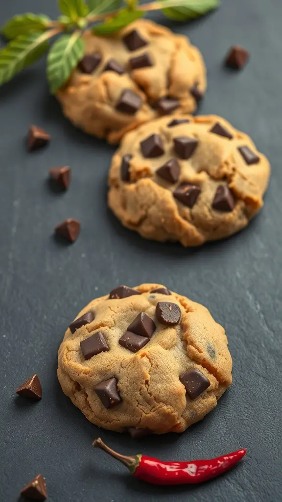 Three spicy chocolate chunk cookies with chocolate pieces and a red chili pepper on a dark surface.