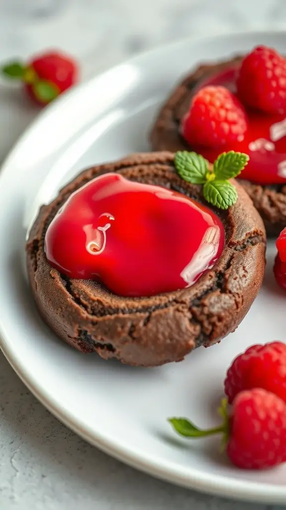 Raspberry Swirl Brownie Cookies topped with raspberry sauce and fresh raspberries