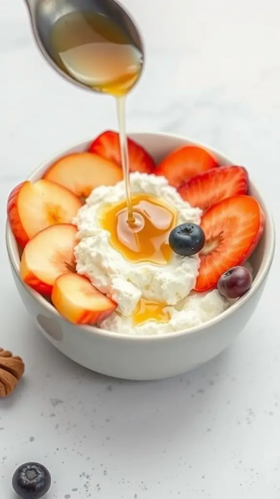 A bowl of cottage cheese topped with fresh strawberries, peaches, blueberries, and a drizzle of honey.