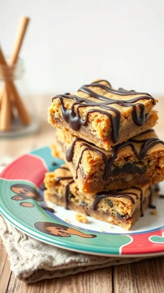 A stack of peanut butter blondies drizzled with chocolate on a colorful plate.