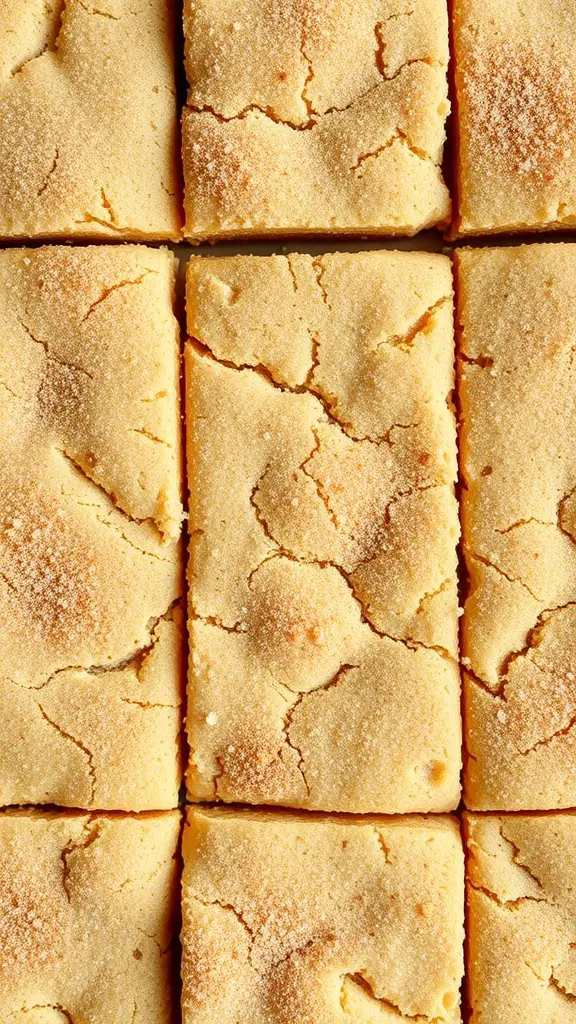 A close-up of freshly baked snickerdoodle bars cut into squares, topped with cinnamon sugar.