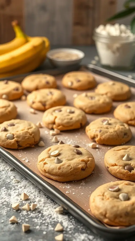 A tray of freshly baked gluten-free banana cookies with chocolate chips, surrounded by bananas and baking ingredients.