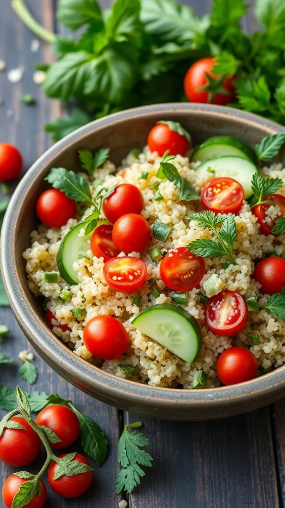A bowl of herb-infused quinoa salad with cherry tomatoes, cucumbers, and fresh herbs.