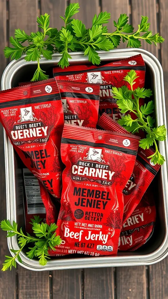 A collection of beef jerky packs arranged with fresh parsley.
