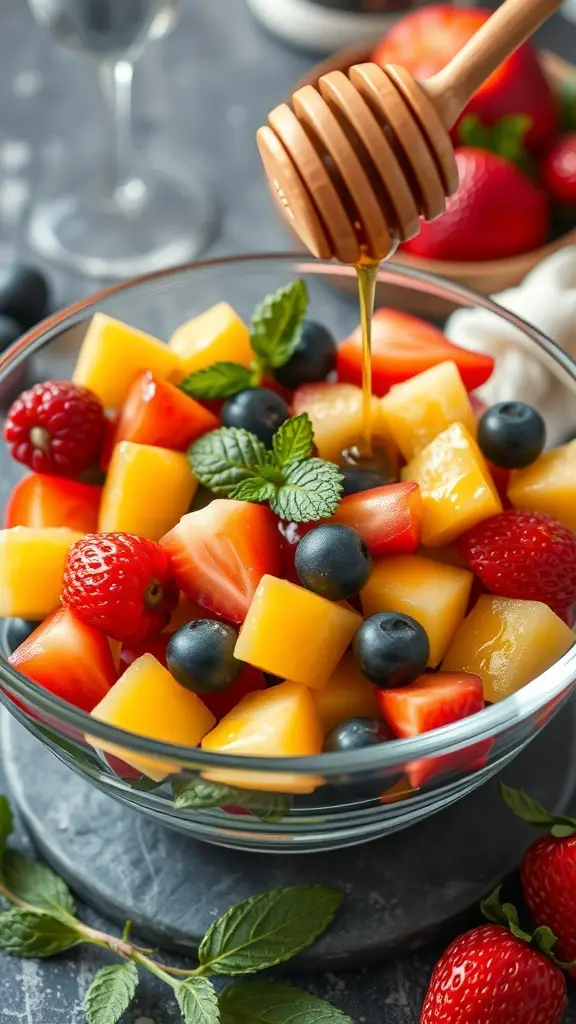 A bowl of colorful Mediterranean fruit salad with honey drizzling over it, featuring strawberries, blueberries, mangoes, and mint leaves.