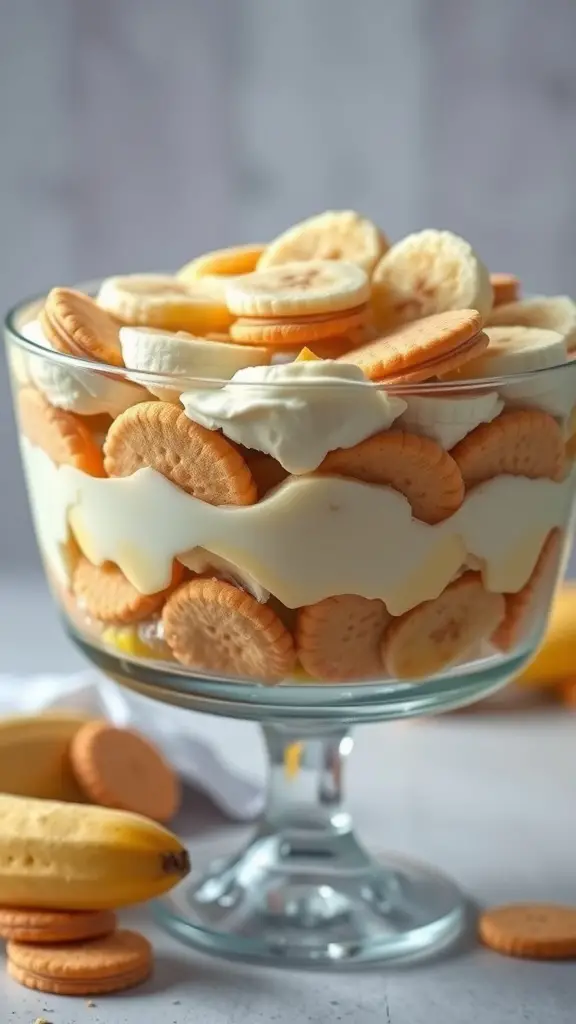 A glass bowl filled with layers of banana pudding, vanilla wafers, and banana slices.