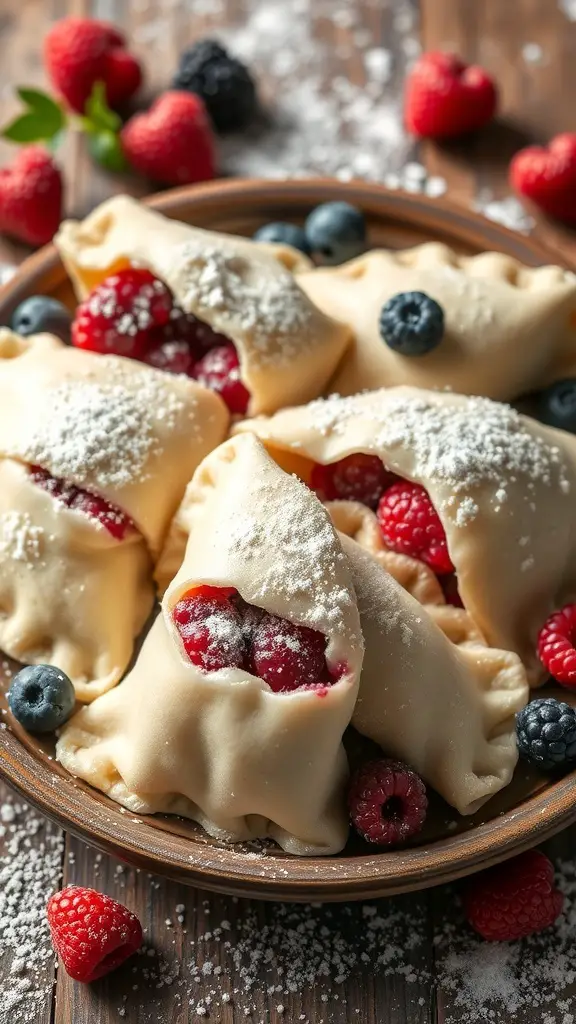 A plate of dessert perogies filled with berries, dusted with powdered sugar, surrounded by fresh raspberries and blueberries.