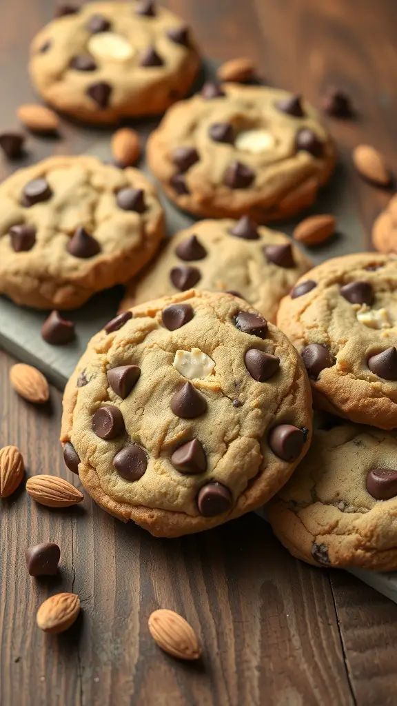 Delicious almond flour chocolate chip cookies with chocolate chips and almonds scattered around.