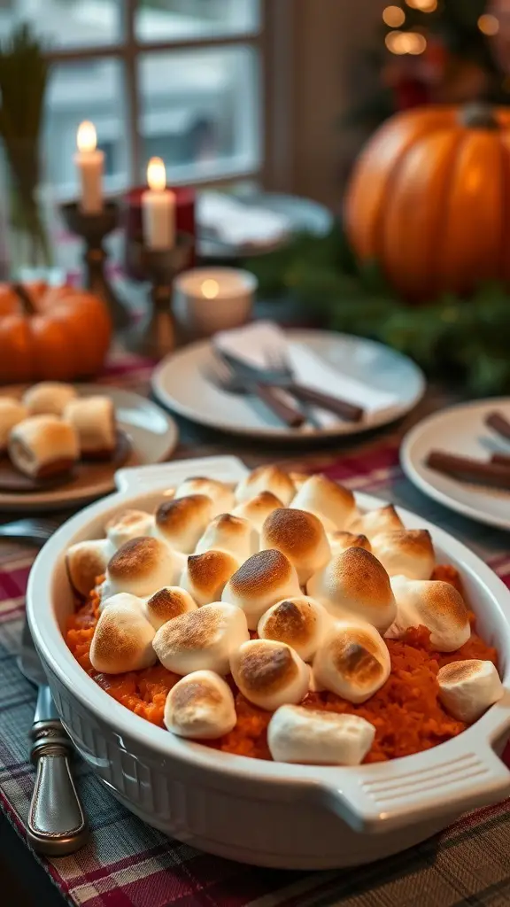 A casserole dish filled with sweet potato and topped with toasted marshmallows, set on a festive table with candles and pumpkins.