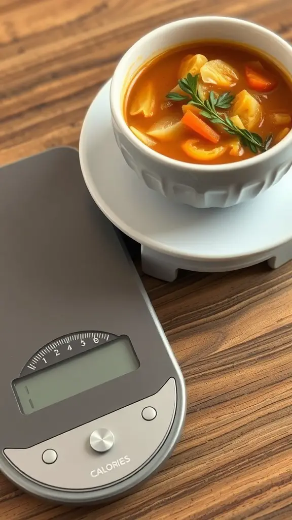 A bowl of cabbage soup on a scale, emphasizing caloric intake.