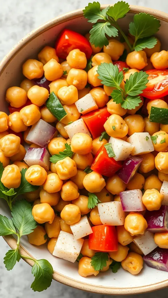 A bowl of colorful chickpea salad with diced vegetables and fresh herbs.