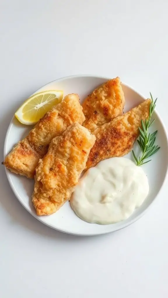 Crispy fish fillets served with lemon and dipping sauce on a plate