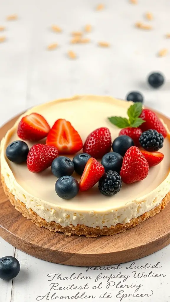 Cheesecake with almond flour crust topped with strawberries, blueberries, and blackberries