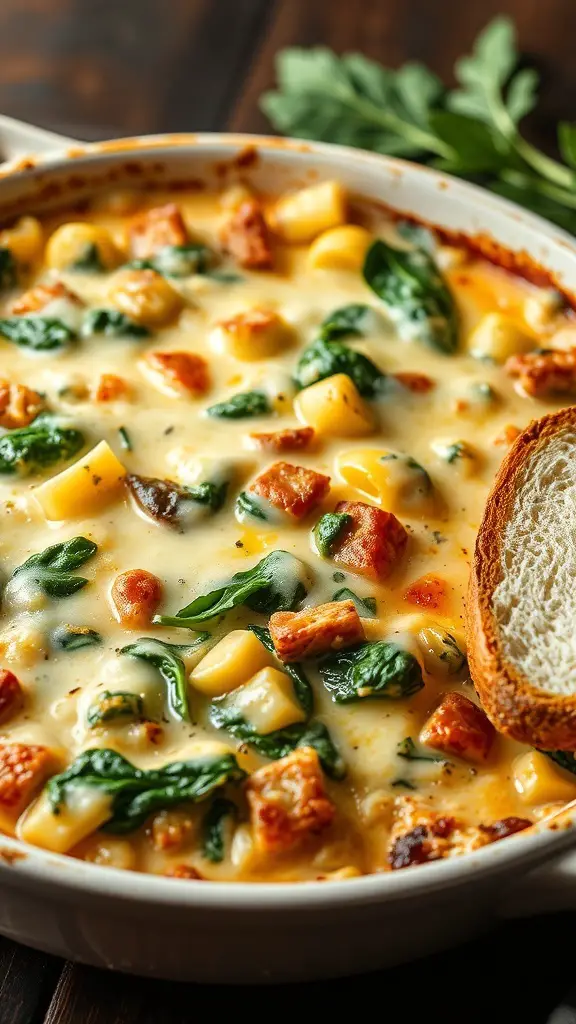 A delicious Spinach and Artichoke Casserole with a golden crust and chunks of bread on the side.