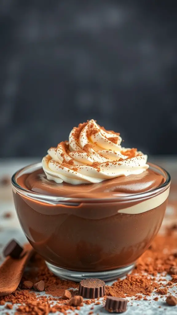 A bowl of mocha chocolate pudding topped with whipped cream and cocoa powder, surrounded by chocolate pieces.