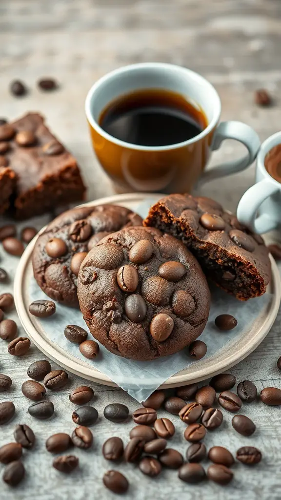 A plate of espresso brownie cookies with coffee beans and a cup of coffee