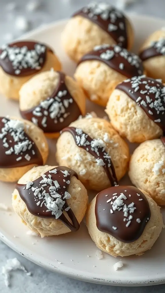 A plate of coconut macaroons dipped in chocolate, topped with shredded coconut.