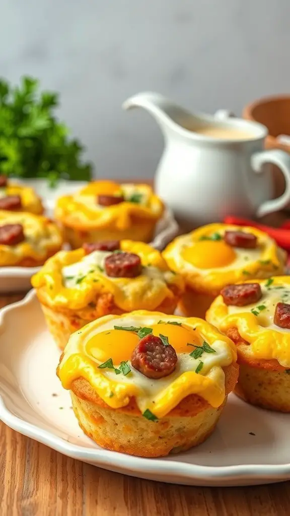 Egg and sausage breakfast muffins with sunny-side-up eggs and sausage pieces on top