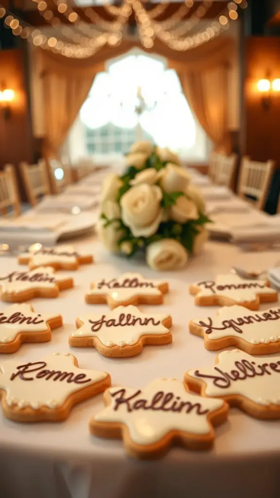 Personalized wedding sugar cookies with guest names on a table setting