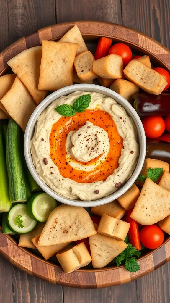 A bowl of Baba Ganoush surrounded by fresh veggies and pita chips