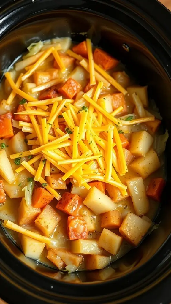 A slow cooker filled with creamy cabbage and potato bake topped with melted cheese.