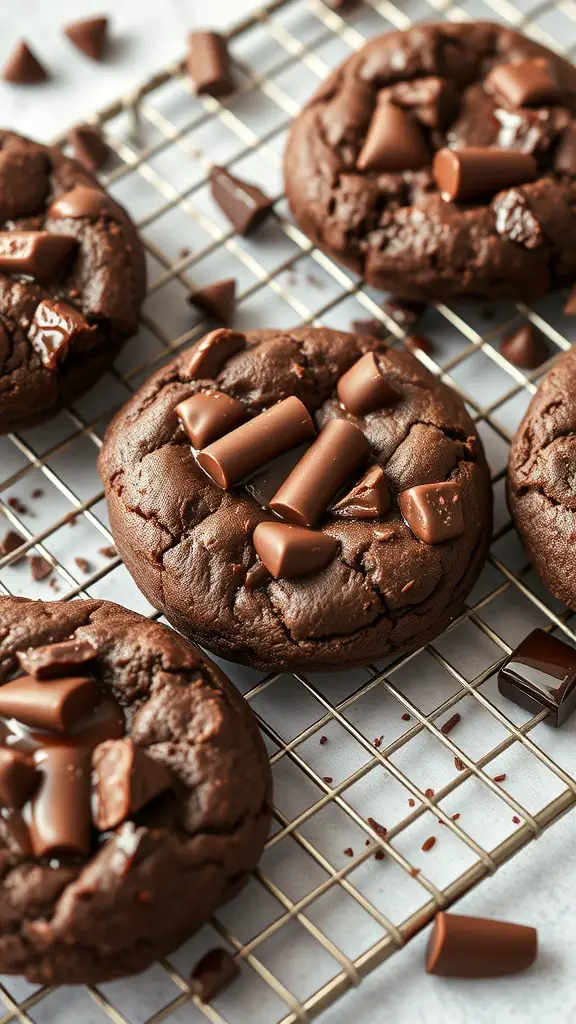 Close-up of double chocolate brownie cookies with chocolate chunks on a cooling rack.