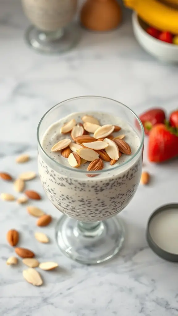 A glass of chia seed pudding topped with almonds, with more almonds and fresh fruits in the background.