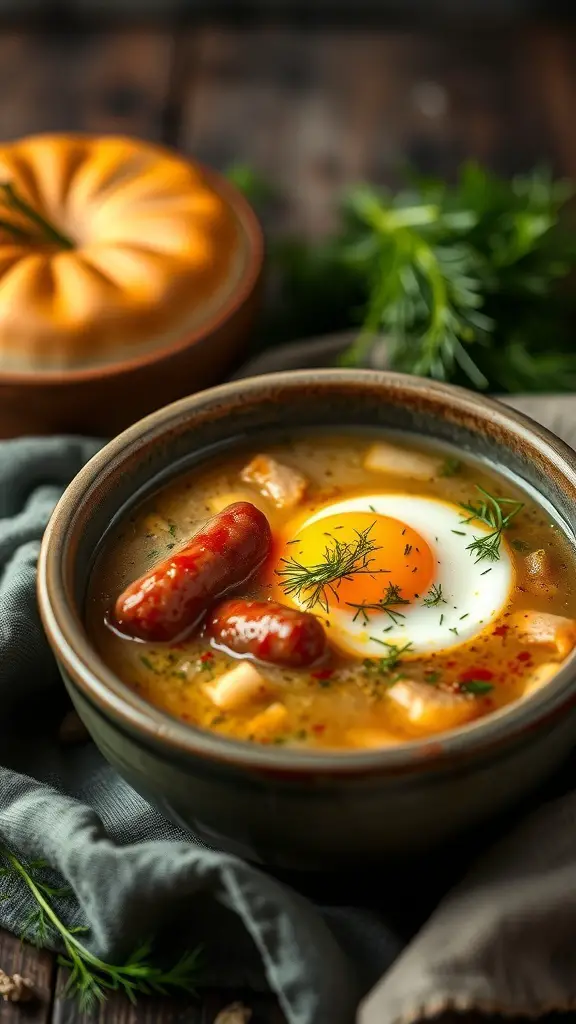 A bowl of Żurek, a Polish sour rye soup, with sausage, a boiled egg, and dill.