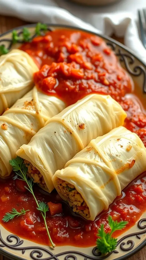 Baked cabbage rolls stuffed with quinoa in tomato sauce