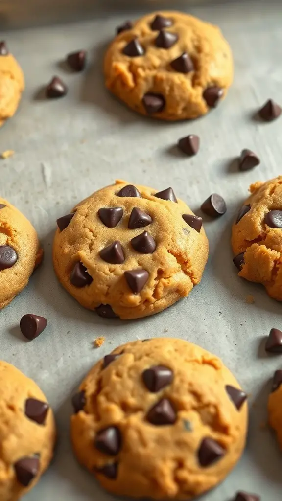 Freshly baked chocolate chip pumpkin cookies on a baking sheet