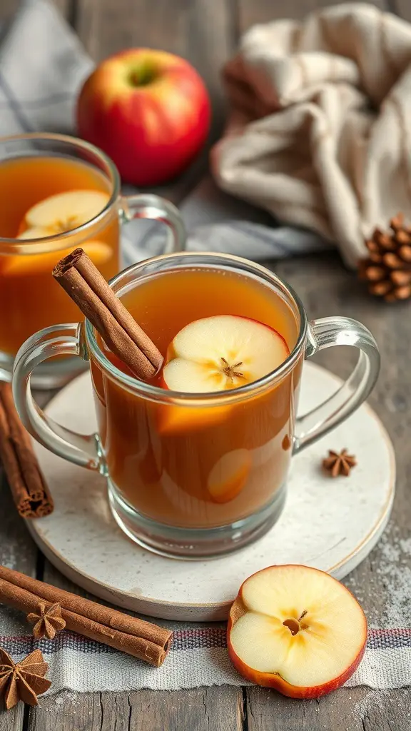 A warm spiced apple cider punch served in clear mugs with cinnamon sticks and apple slices.