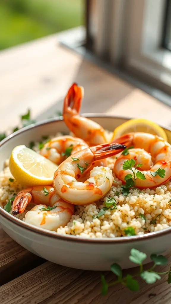 A bowl of couscous topped with grilled shrimp and lemon slices, garnished with parsley.