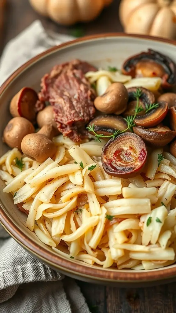A bowl of pasta with meat and mushrooms, representing Bigos, a traditional Polish Hunter's Stew.