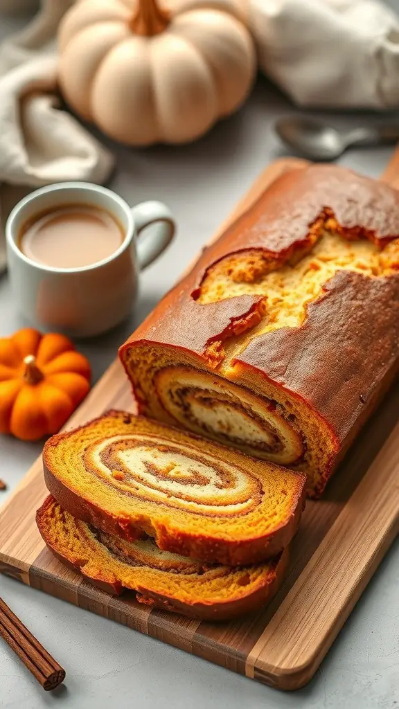A loaf of cinnamon roll pumpkin bread, sliced to show swirls of cinnamon and pumpkin, with a cup of coffee and decorative pumpkins in the background.