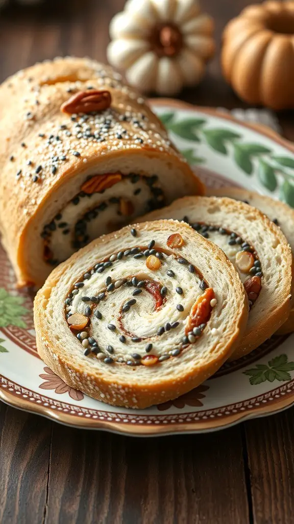 A sliced poppy seed roll on a decorative plate, showcasing its swirled filling and topped with sesame seeds.